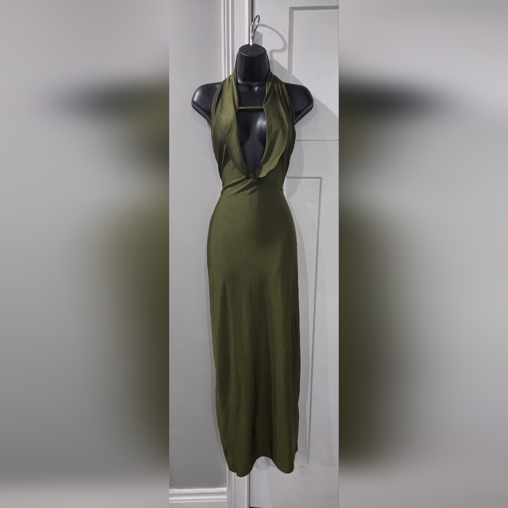 Draped Halter Maxi Dress in Olive Green